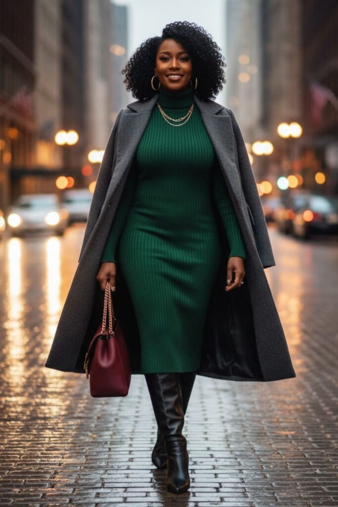 Long Wool Coat with Turtleneck Dress and Knee-High Boots