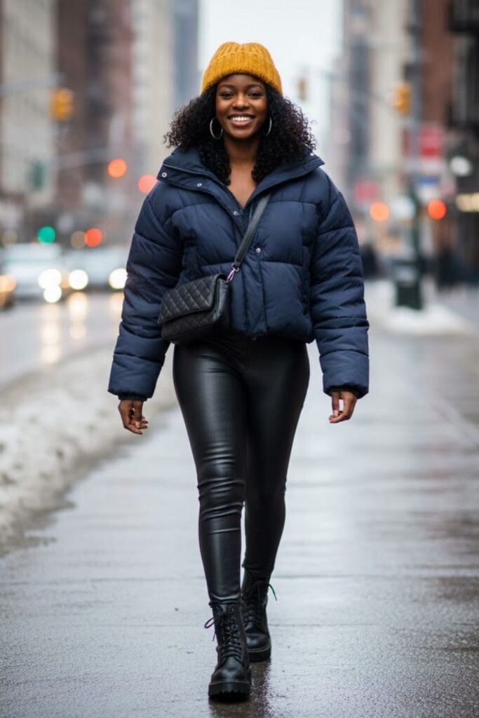 Puffer Jacket with Faux Leather Leggings and Combat Boots