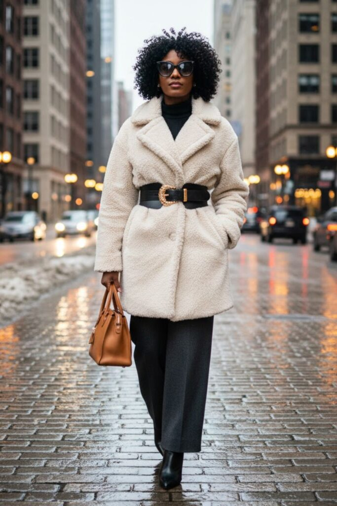 Teddy Coat with Wide-Leg Pants and Ankle Boots