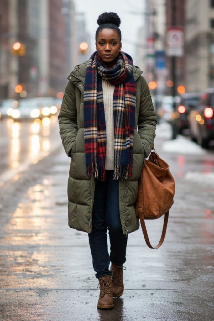 Belted Puffer with Jeans and Thermal Sweater