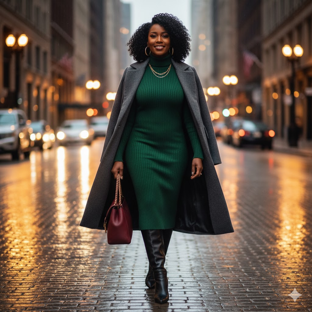 Faux Fur Coat with Midi Skirt and Tights