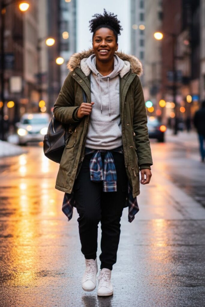 Parka with Joggers and High-Top Sneakers