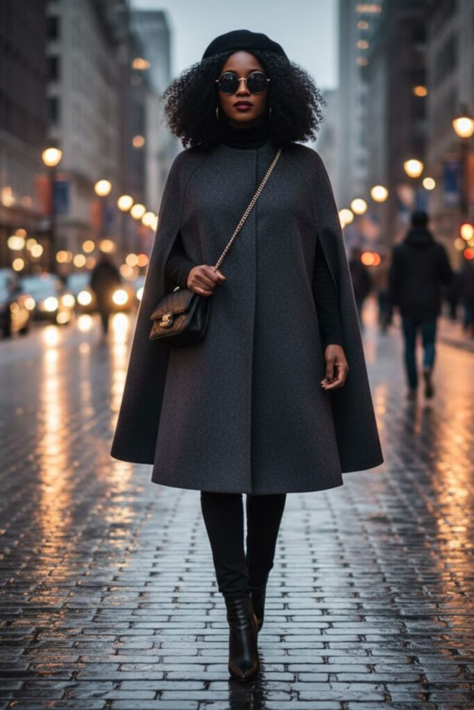 Cape Coat with Skinny Jeans and Heeled Boots