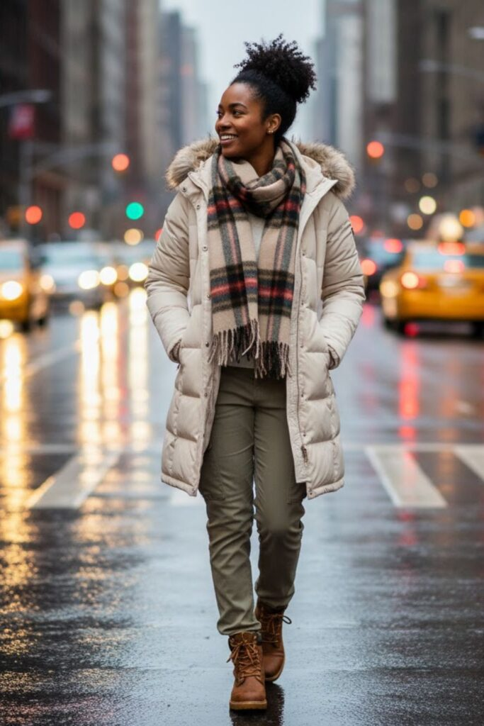 Down Parka with Plaid Scarf and Cargo Pants