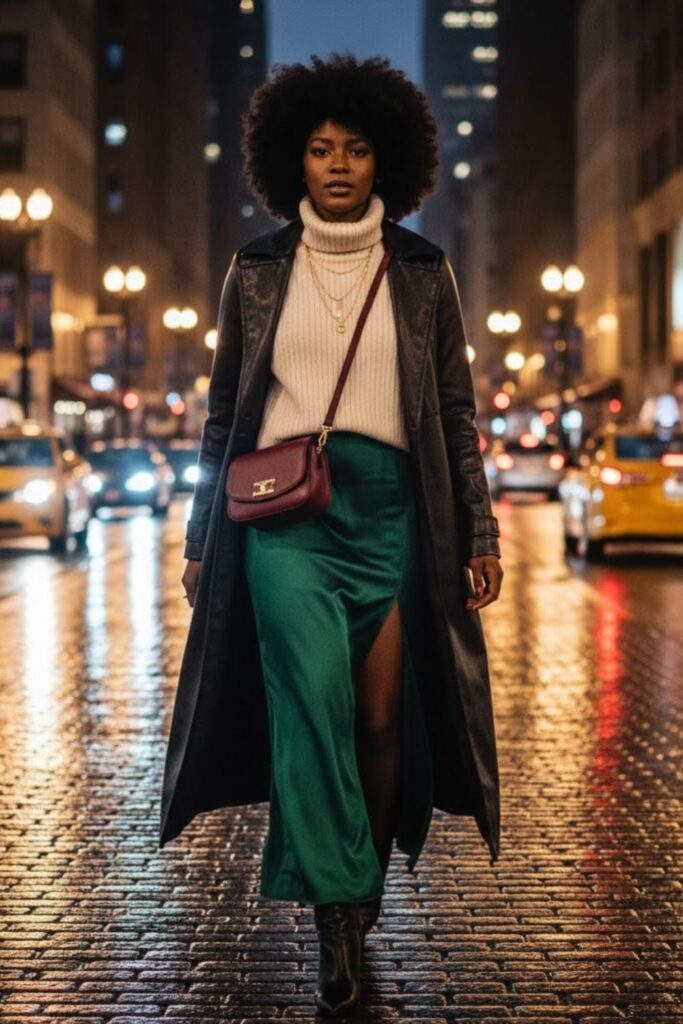 Leather Trench with Sweater and Maxi Dress
