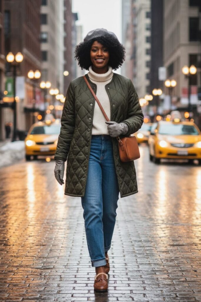 Quilted Coat with Straight-Leg Jeans and Loafers