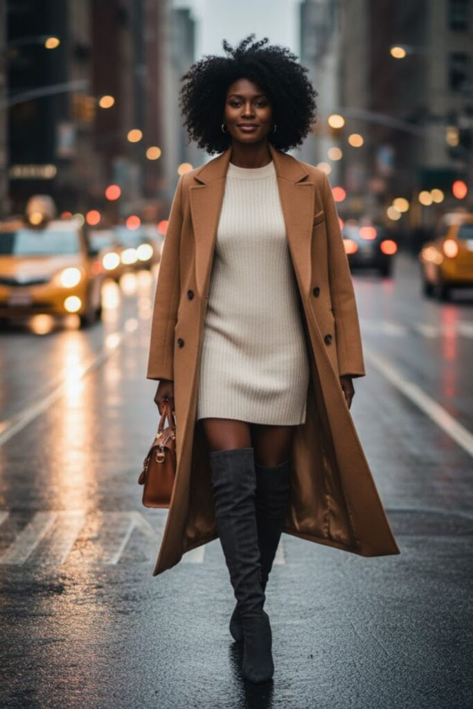 Double-Breasted Coat with Sweater Dress and Knee Boots