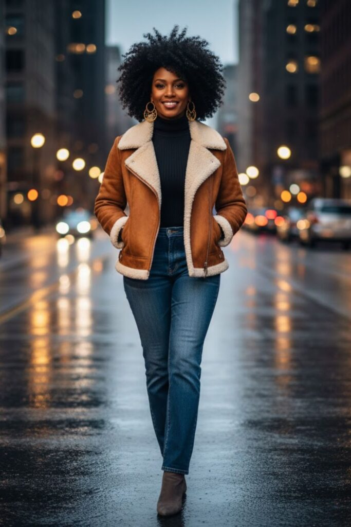 Shearling Jacket with Denim and Turtleneck