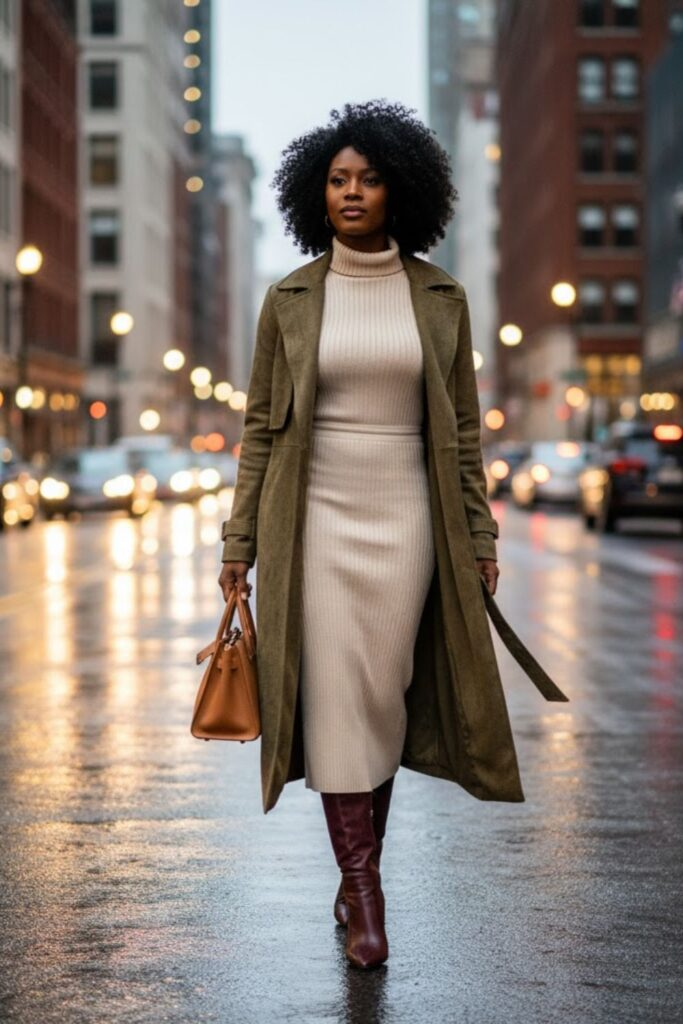 Faux Suede Coat with Knit Set and Heeled Boots