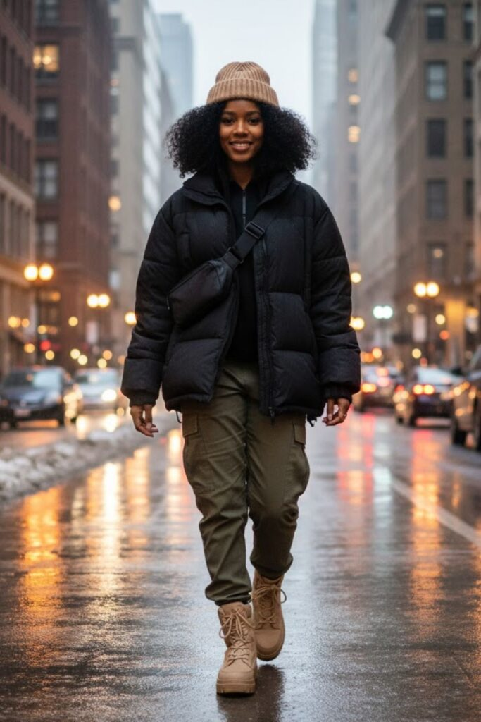 Oversized Puffer with Cargo Joggers and Snow Boots
