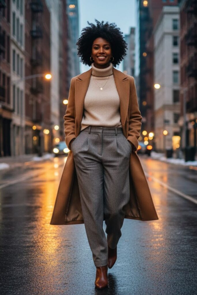 Camel Coat with Monochrome Layers and Ankle Boots