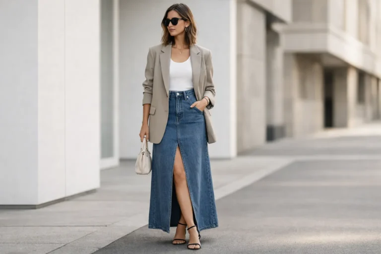 Trending Denim Maxi Skirt Outfit 
