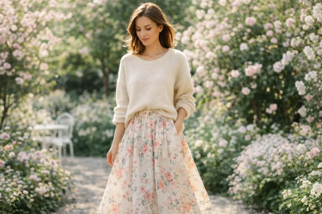 The Floral Midi Skirt and Chunky Knit